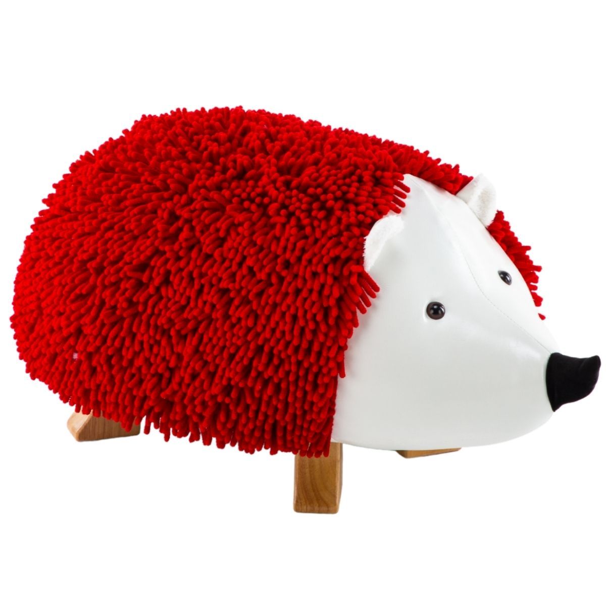 Lira Red Hedgehog Ottoman featuring a solid wood footrest, showcasing its vibrant red fabric and sturdy rubberwood legs.