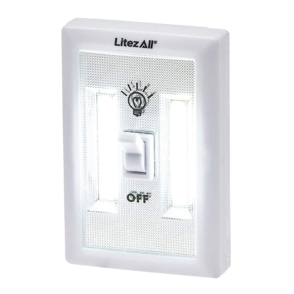 LitezAll COB LED Cordless Switch Light Display mounted in a closet, showcasing its compact design and bright illumination.