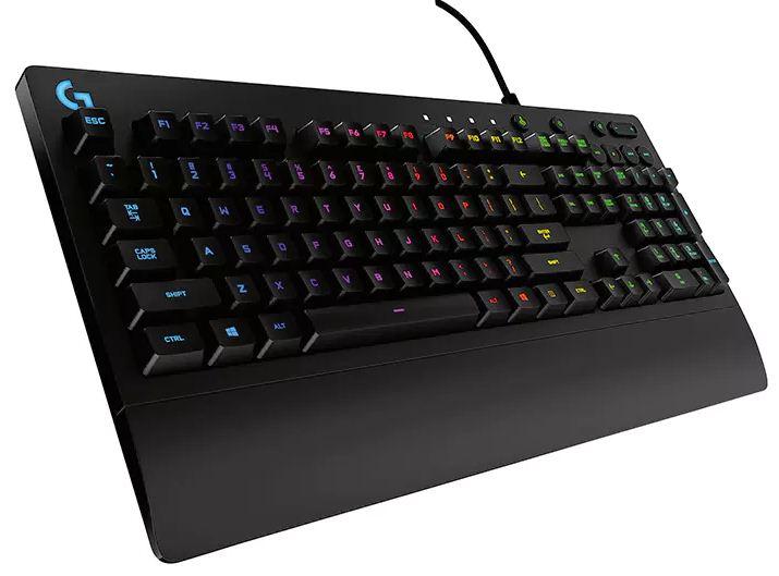 Logitech G213 Prodigy RGB Gaming Keyboard showcasing vibrant 16.8 million lighting colors and dedicated media controls.