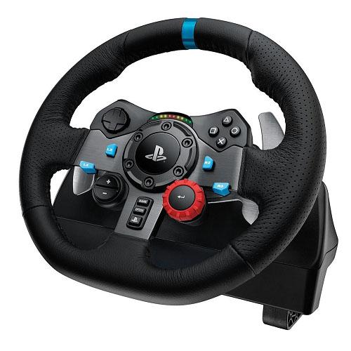 Logitech G29 Driving Force Racing Wheel with dual motor force feedback, featuring hand-stitched leather and LED indicator lights.