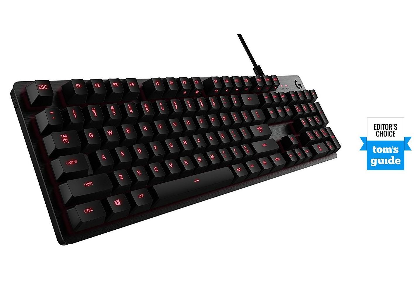 Logitech G413 Mechanical Backlit Gaming Keyboard in Carbon Black with aluminum alloy finish and red backlighting.