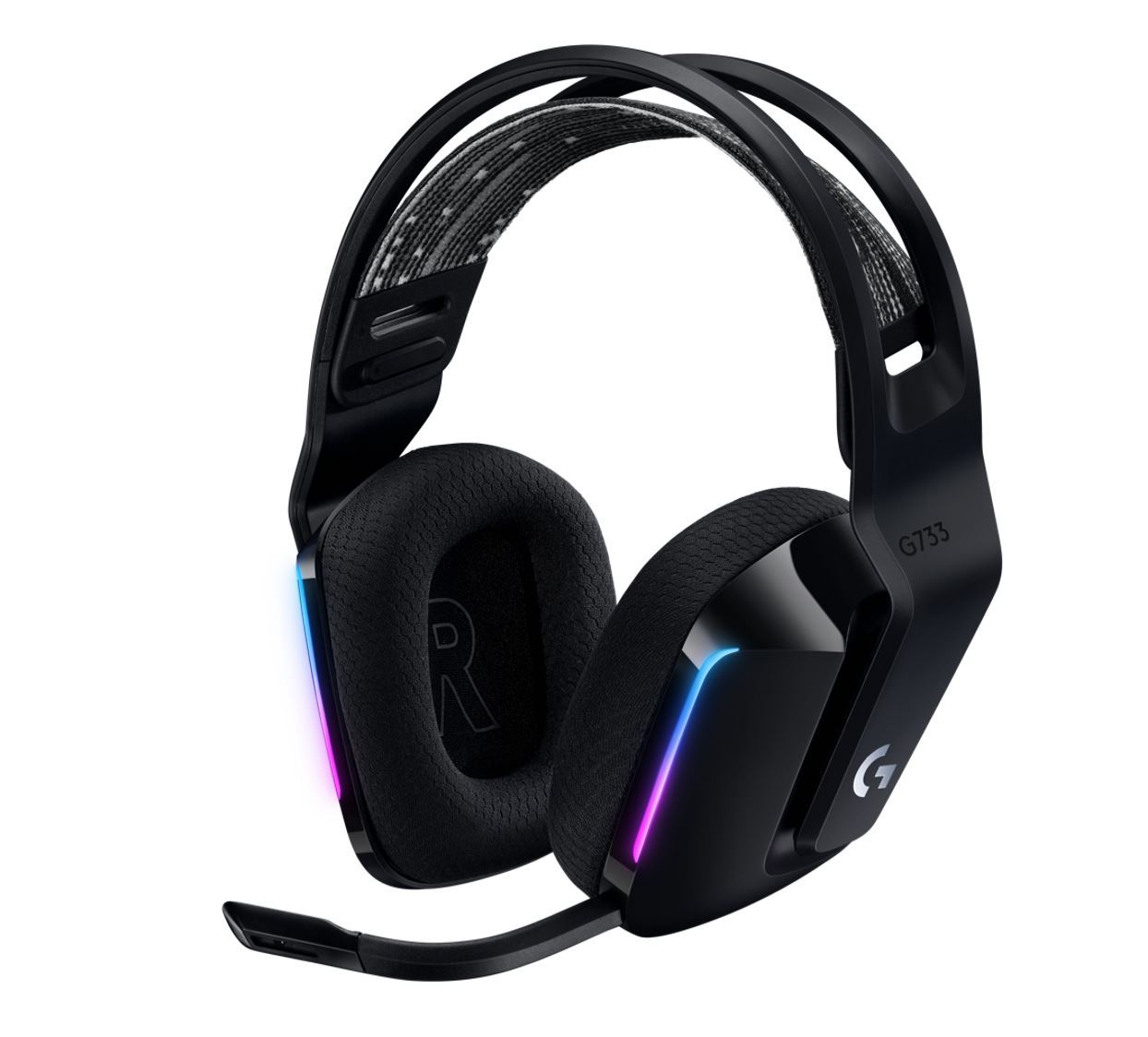 Logitech G733 Lightspeed Wireless RGB Gaming Headset in black, showcasing its sleek design and RGB lighting features.