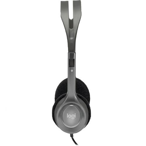 Logitech H110 Stereo Headset with adjustable microphone and 3.5mm connectors, designed for PC and Mac use.