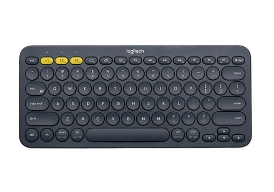 Logitech K380 Multi-Device Bluetooth Keyboard in black, showcasing its compact design and Easy-Switch buttons.