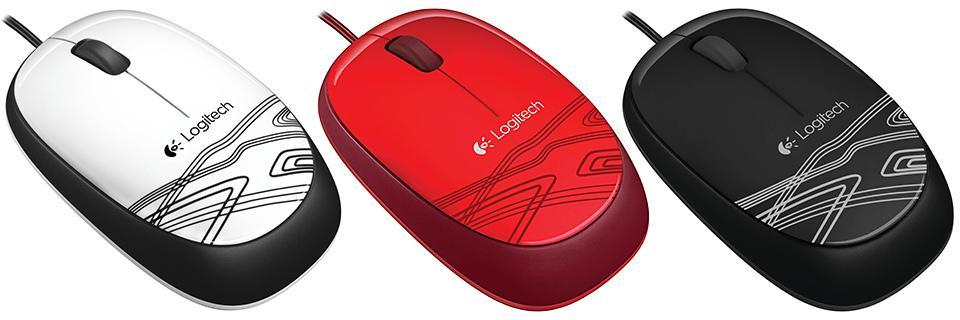 Logitech M105 Corded Optical Mouse in red, featuring a sleek design and ergonomic shape for comfortable use.