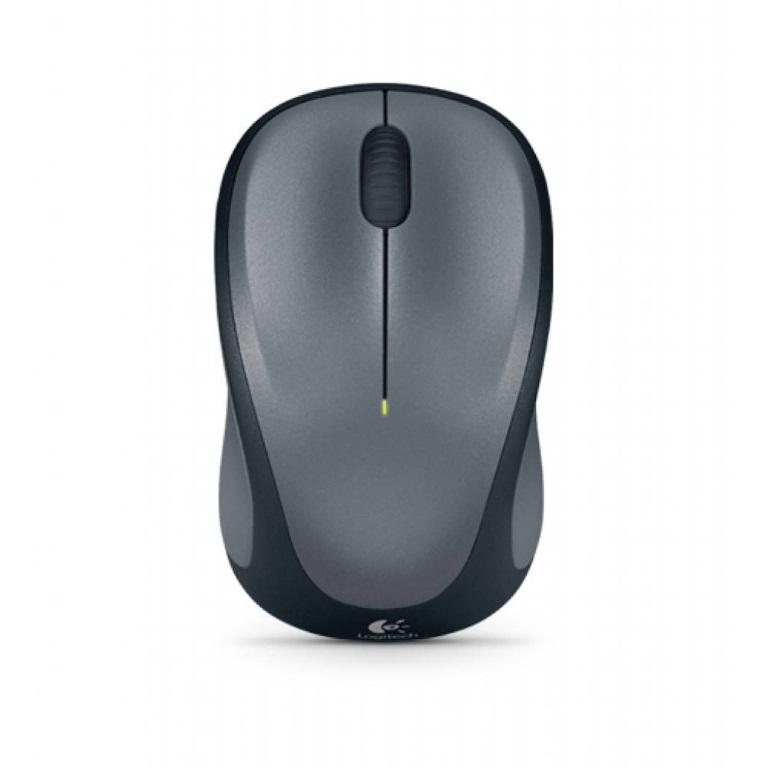 Logitech M235 Wireless Mouse in grey with contoured design and glossy comfort grip, showcasing its ergonomic features.