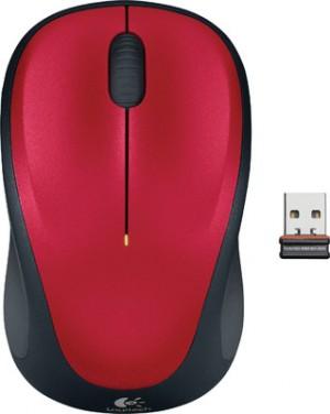 Logitech M235 Wireless Mouse in red with contoured design and glossy finish, showcasing its ergonomic shape and soft side grips.