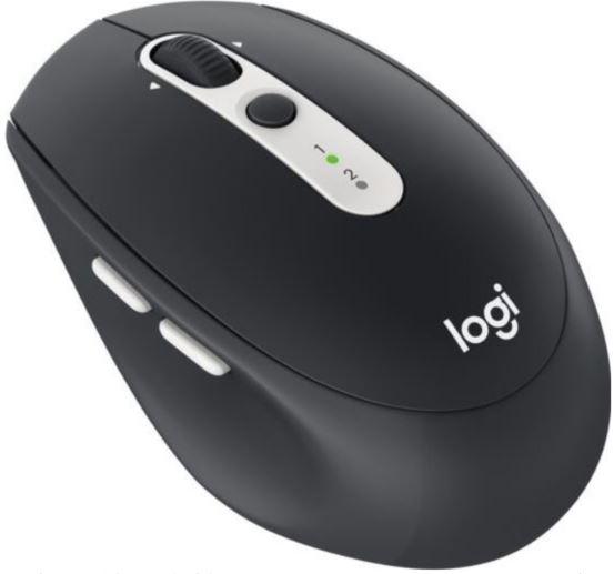 Logitech M585 Wireless Mouse in graphite color, showcasing its ergonomic design and features like thumb buttons and micro-precise scroll wheel.