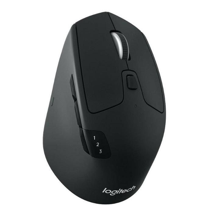 Logitech M720 Triathlon Multi-Device Wireless Bluetooth Mouse showcasing its ergonomic design and buttons.