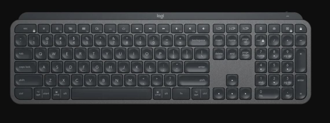 Logitech MX Keys Advanced Wireless Illuminated Keyboard with backlighting and sleek design, showcasing easy-switch keys and USB-C charging port.