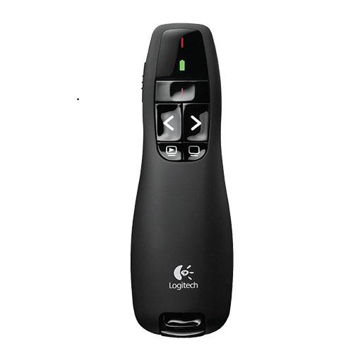 Logitech R400 Wireless Presenter with red laser pointer and USB receiver, designed for seamless presentations.