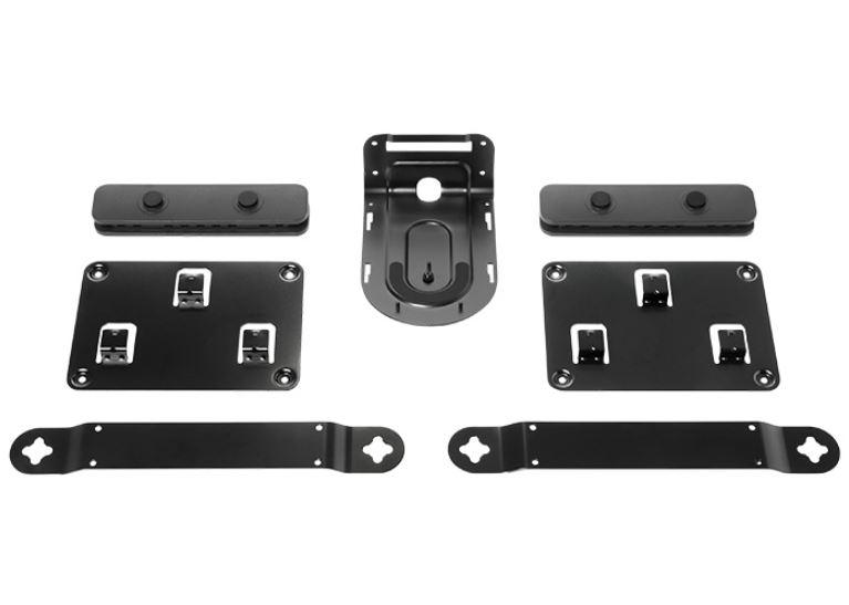 Logitech Rally Mounting Kit with various brackets and cable retainers for secure installation.