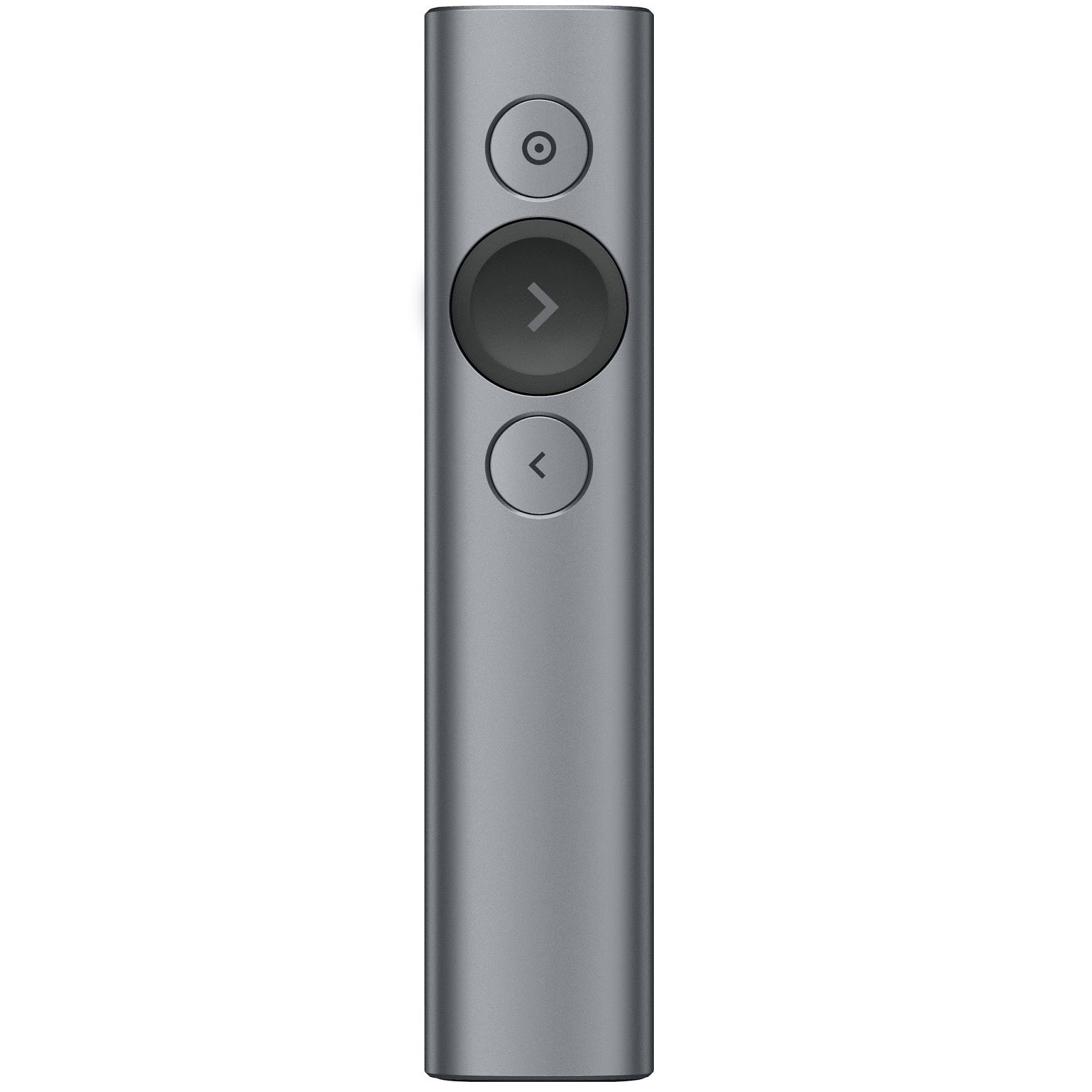 Logitech Spotlight Presentation Remote in slate color with USB receiver and charging cable, showcasing its sleek design and advanced features.