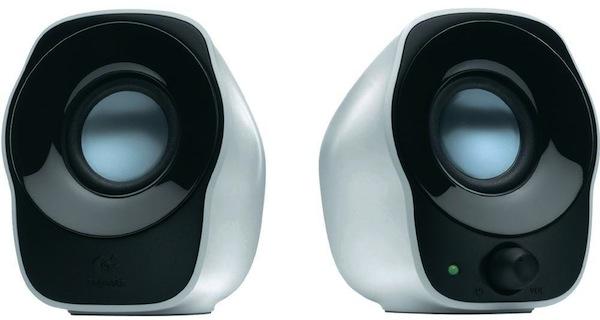 Logitech Z120 USB Powered Speakers with 3.5mm audio input and volume control knob, showcasing their compact design.