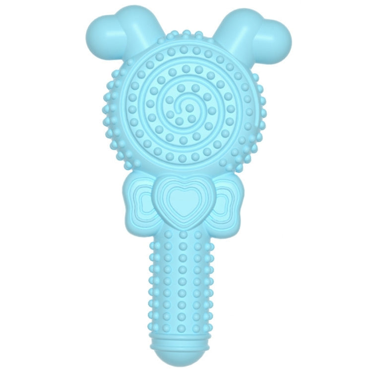 Blue lollipop shape dog teething stick made from durable TPR material, designed for safe chewing and dental hygiene.