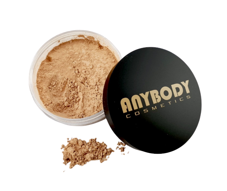 Loose Mineral Foundation Shade MF-D in a jar with a brush, showcasing its fine powder texture.