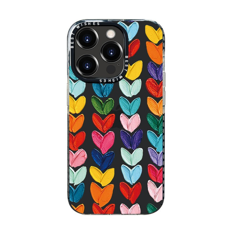 Transparent Love Apple 13 Phone Case featuring vibrant oil painting design with floral and heart motifs.