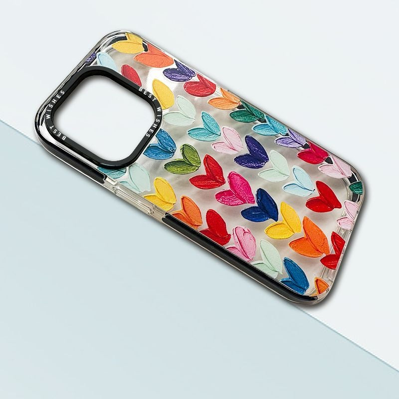 Transparent Love Apple 13 Phone Case featuring vibrant oil painting design with floral and heart motifs.