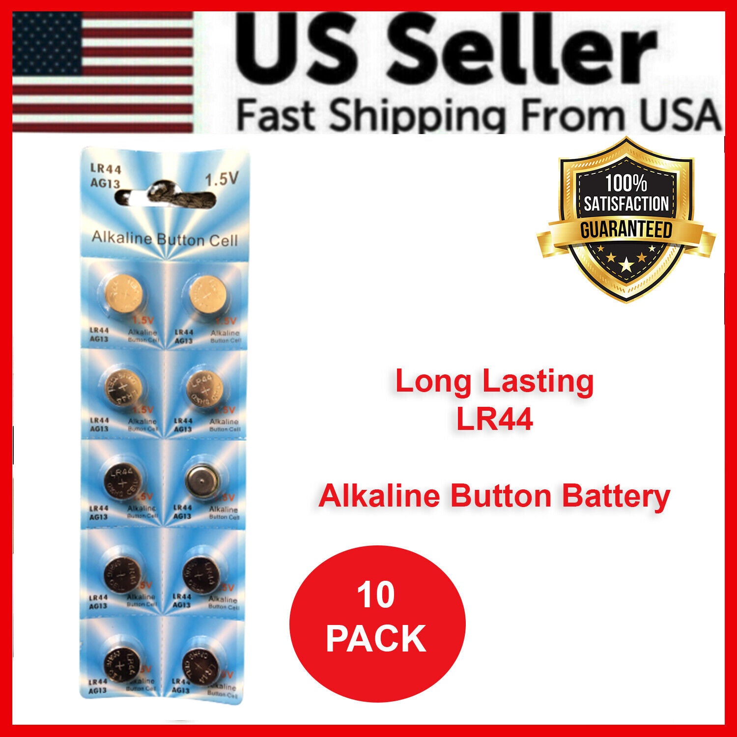A pack of 10 LR44 alkaline batteries, showcasing their size and packaging, ideal for various electronic devices.