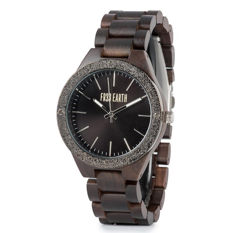 Luminous wood watch featuring a unique design with a natural wood band and metal case, showcasing elegance and sustainability.