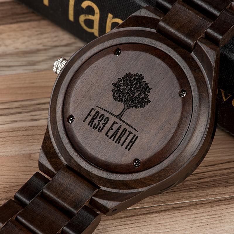 Luminous wood watch featuring a unique design with a natural wood band and metal case, showcasing elegance and sustainability.