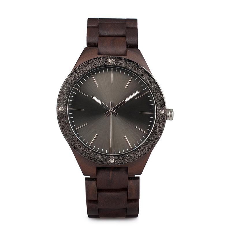 Luminous wood watch featuring a unique design with a natural wood band and metal case, showcasing elegance and sustainability.