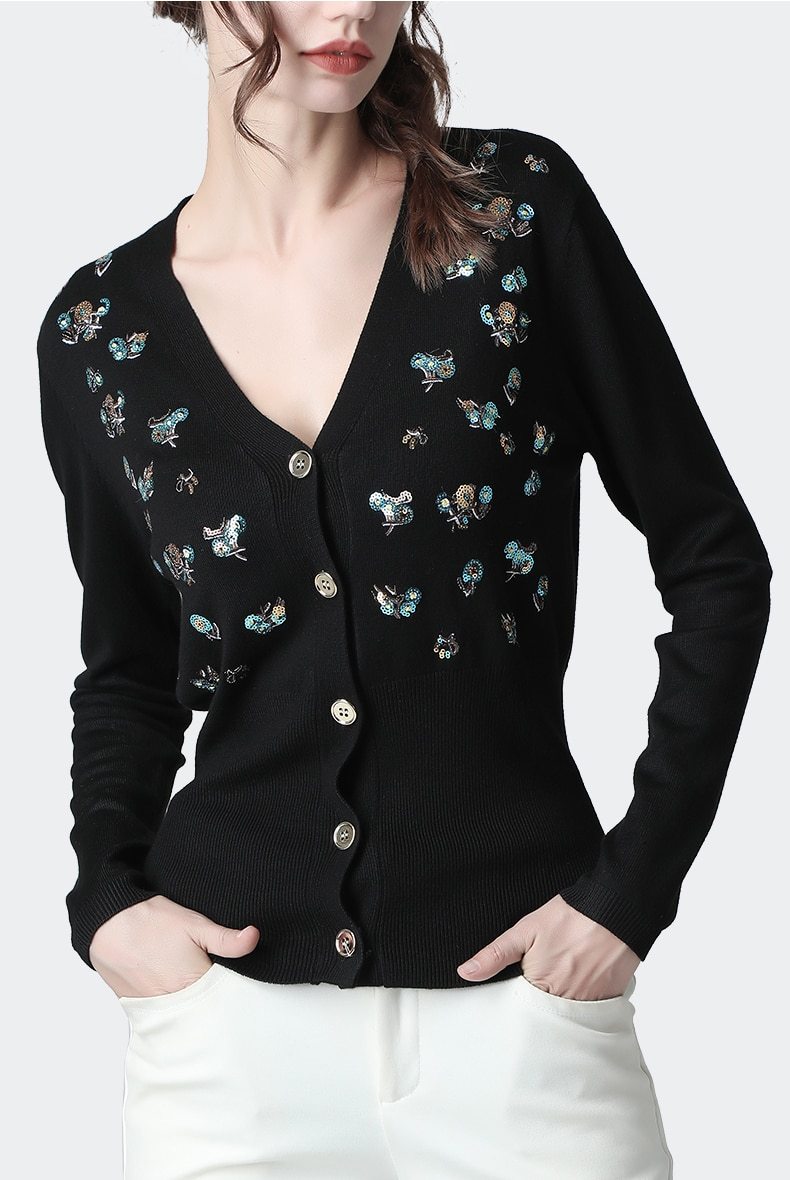 Luxury Brand Designer Autumn Sequin Embroidery Knitted Cardigan featuring a vintage V-neck and long sleeves, adorned with elegant sequins.