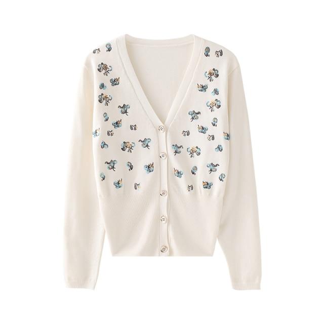 Luxury Brand Designer Autumn Sequin Embroidery Knitted Cardigan featuring a vintage V-neck and long sleeves, adorned with elegant sequins.
