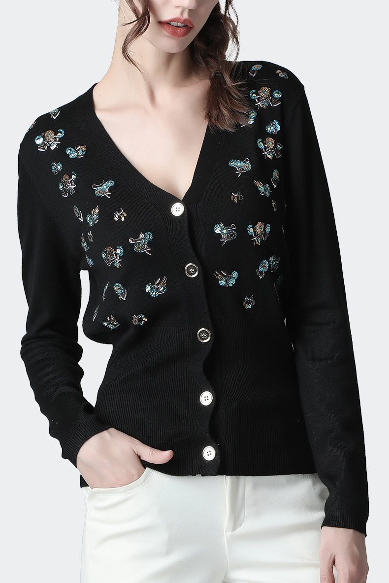 Luxury Brand Designer Autumn Sequin Embroidery Knitted Cardigan featuring a vintage V-neck and long sleeves, adorned with elegant sequins.