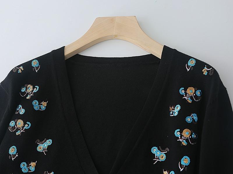 Luxury Brand Designer Autumn Sequin Embroidery Knitted Cardigan featuring a vintage V-neck and long sleeves, adorned with elegant sequins.