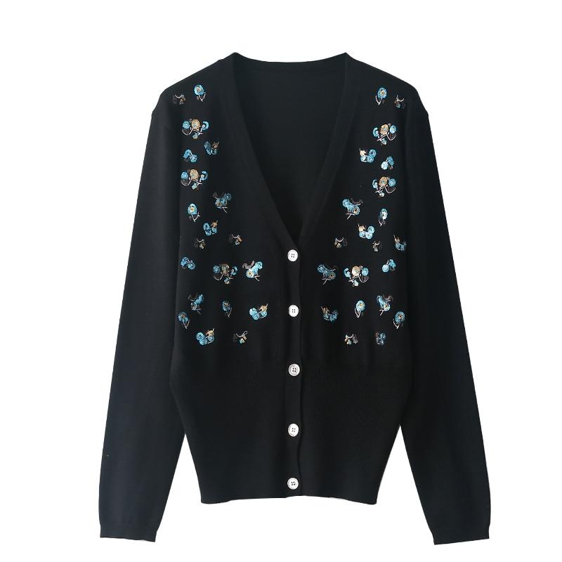 Luxury Brand Designer Autumn Sequin Embroidery Knitted Cardigan featuring a vintage V-neck and long sleeves, adorned with elegant sequins.