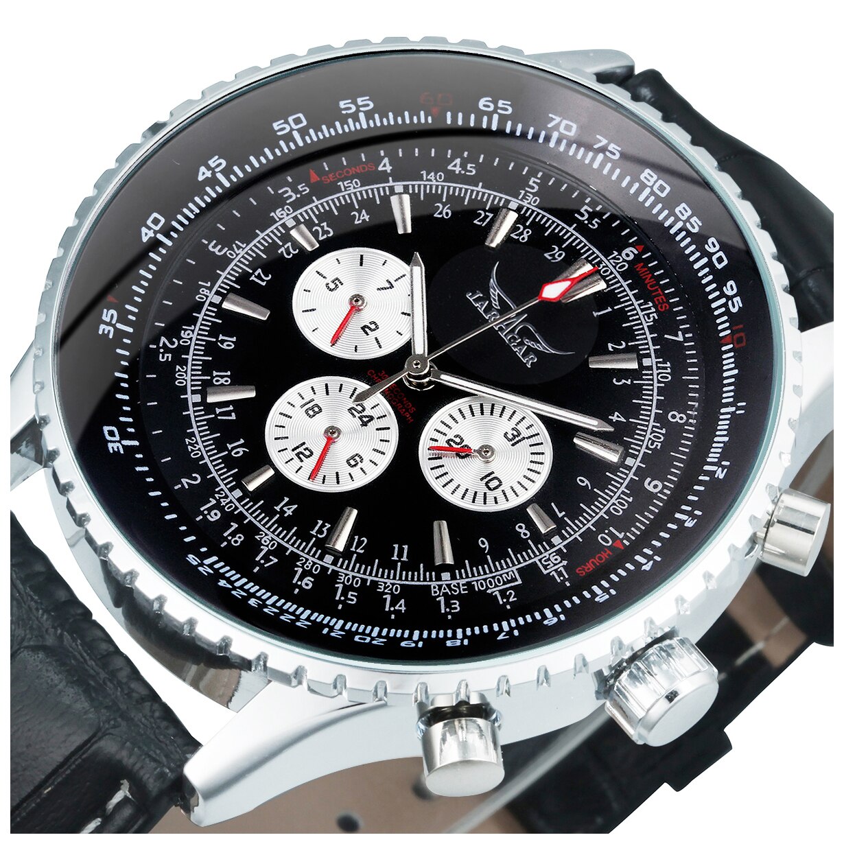Luxury men mechanical automatic watch with leather band and luminous hands, showcasing a round stainless steel case and chronograph sub-dials.