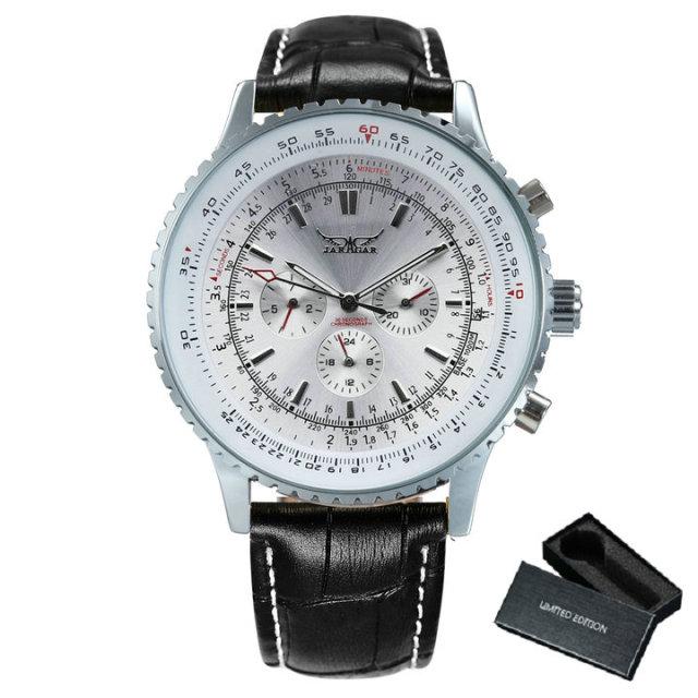 Luxury men mechanical automatic watch with leather band and luminous hands, showcasing a round stainless steel case and chronograph sub-dials.