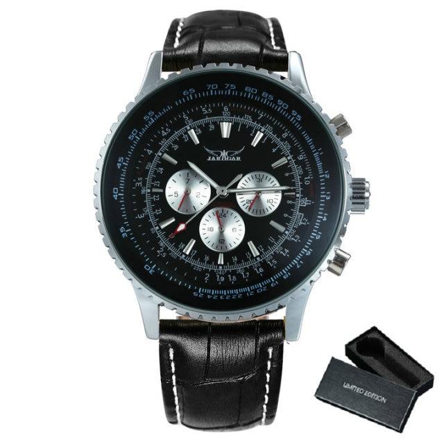Luxury men mechanical automatic watch with leather band and luminous hands, showcasing a round stainless steel case and chronograph sub-dials.