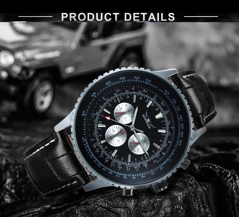 Luxury men mechanical automatic watch with leather band and luminous hands, showcasing a round stainless steel case and chronograph sub-dials.