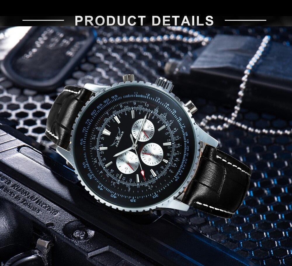 Luxury men mechanical automatic watch with leather band and luminous hands, showcasing a round stainless steel case and chronograph sub-dials.