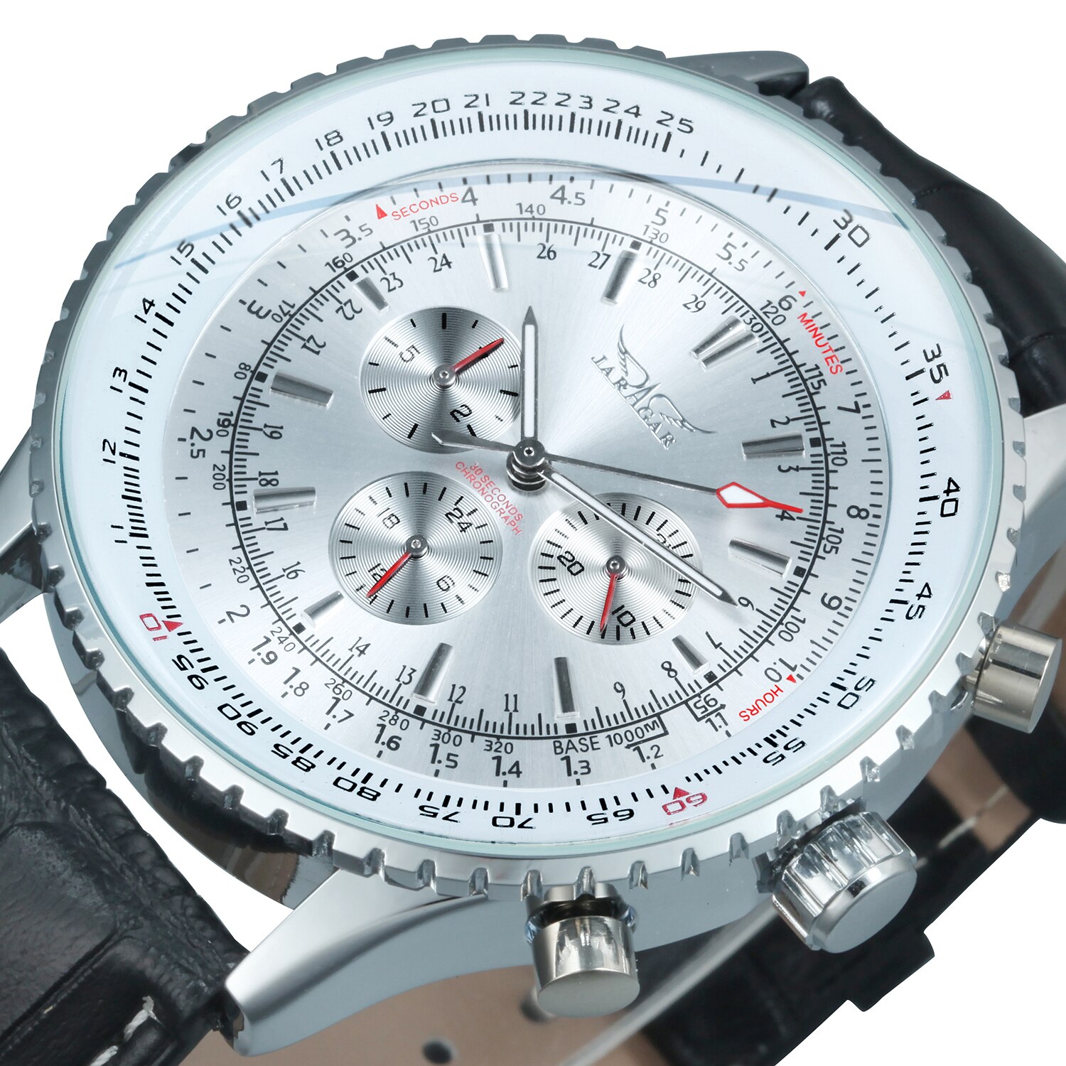 Luxury men mechanical automatic watch with leather band and luminous hands, showcasing a round stainless steel case and chronograph sub-dials.