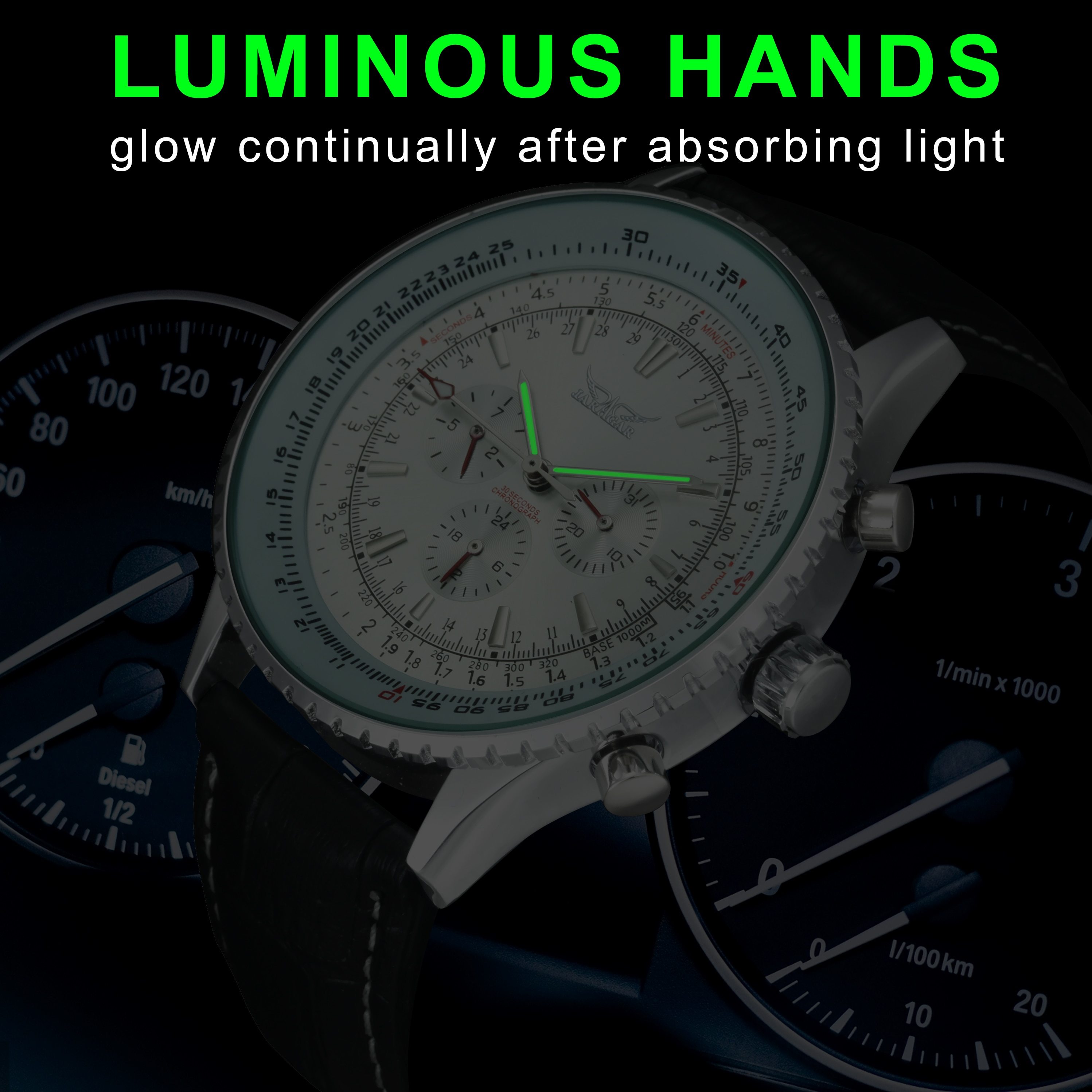 Luxury men mechanical automatic watch with leather band and luminous hands, showcasing a round stainless steel case and chronograph sub-dials.