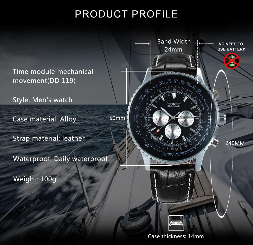 Luxury men mechanical automatic watch with leather band and luminous hands, showcasing a round stainless steel case and chronograph sub-dials.