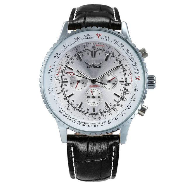 Luxury men mechanical automatic watch with leather band and luminous hands, showcasing a round stainless steel case and chronograph sub-dials.