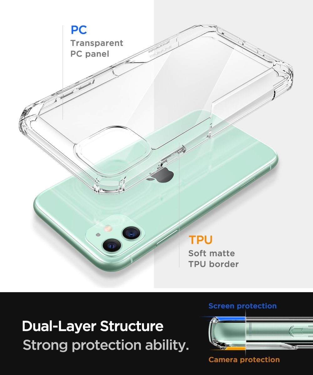 Luxury transparent TPU phone case for iPhone 11, showcasing its sleek design and shockproof features.