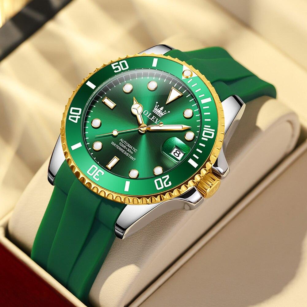 Luxury automatic mechanical watch for men with a rubber strap, featuring a round stainless steel case and luminous dial, 30M waterproof.