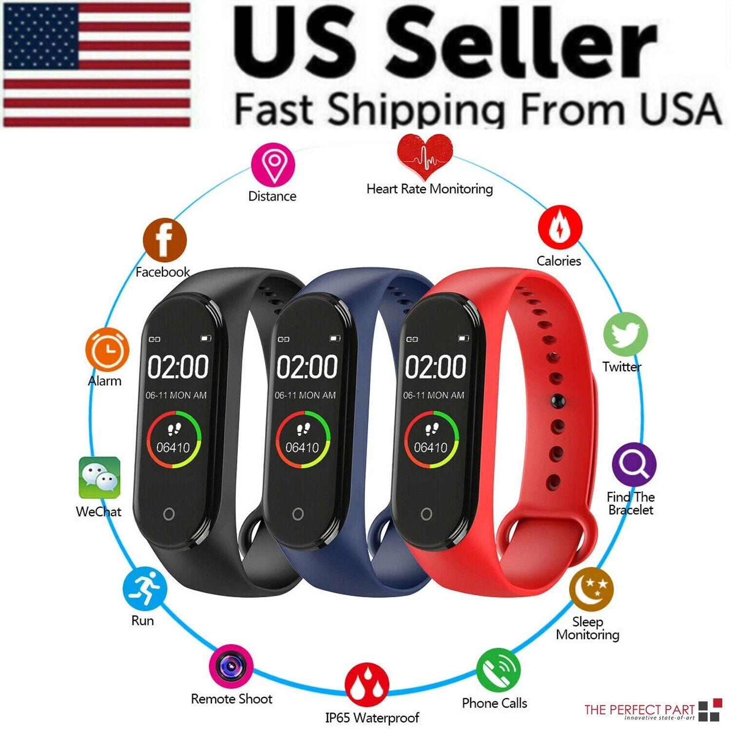 M4 Smart Watch Band Blood Pressure Bracelet with touch screen and fitness tracking features, available in black, blue, and red.