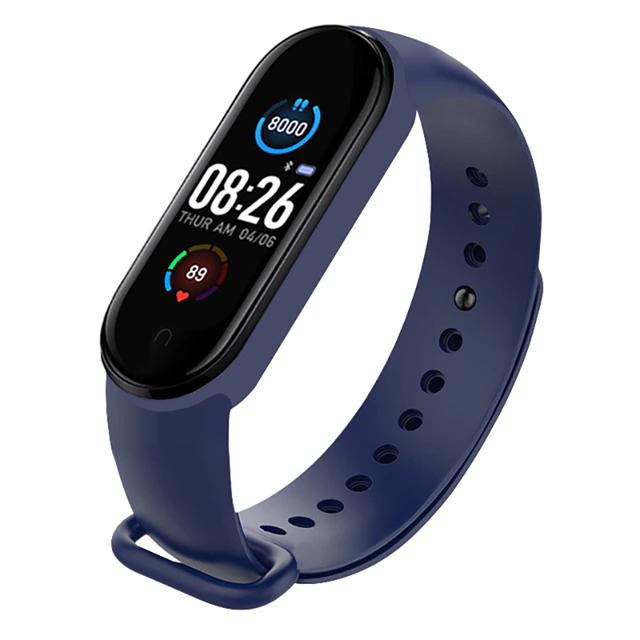 M4 Smart Watch Band Blood Pressure Bracelet with touch screen and fitness tracking features, available in black, blue, and red.