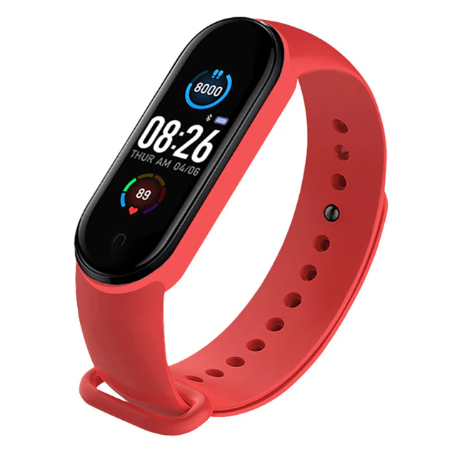 M4 Smart Watch Band Blood Pressure Bracelet with touch screen and fitness tracking features, available in black, blue, and red.