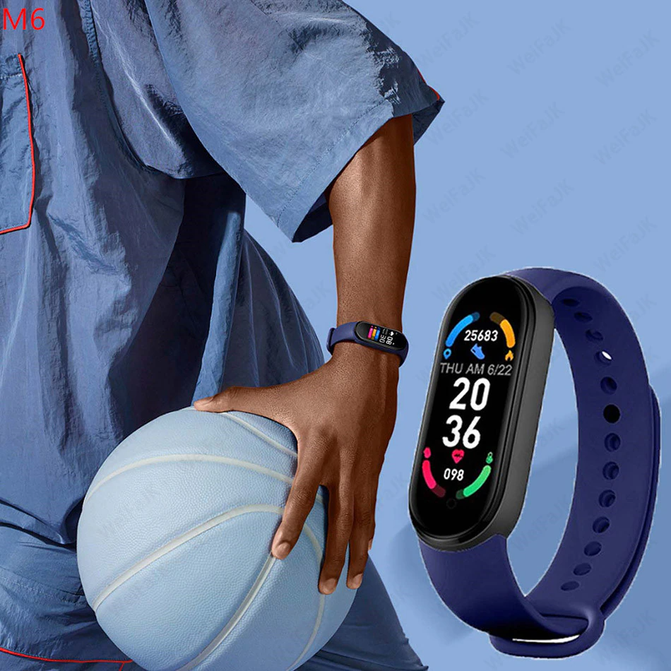 M4 Smart Watch Band Blood Pressure Bracelet with touch screen and fitness tracking features, available in black, blue, and red.