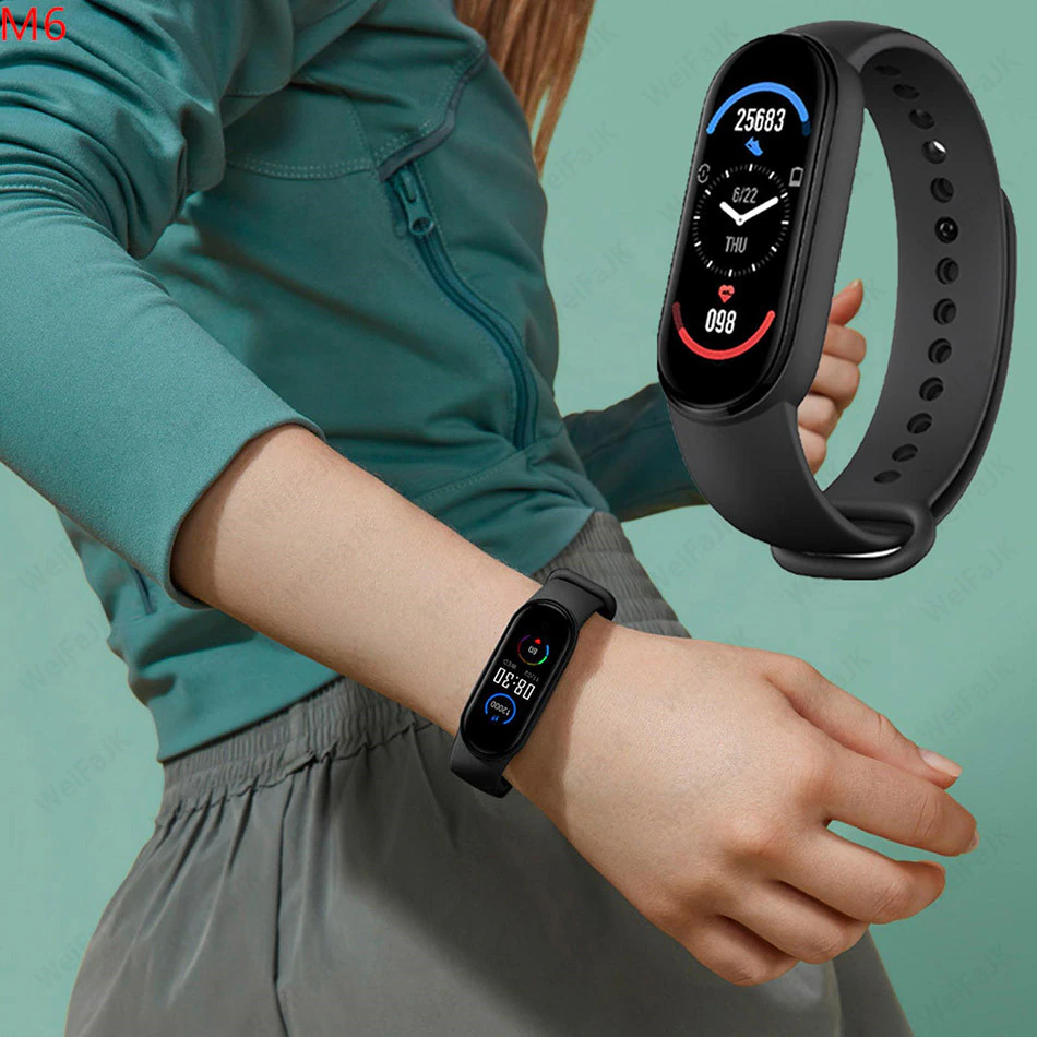 M4 Smart Watch Band Blood Pressure Bracelet with touch screen and fitness tracking features, available in black, blue, and red.