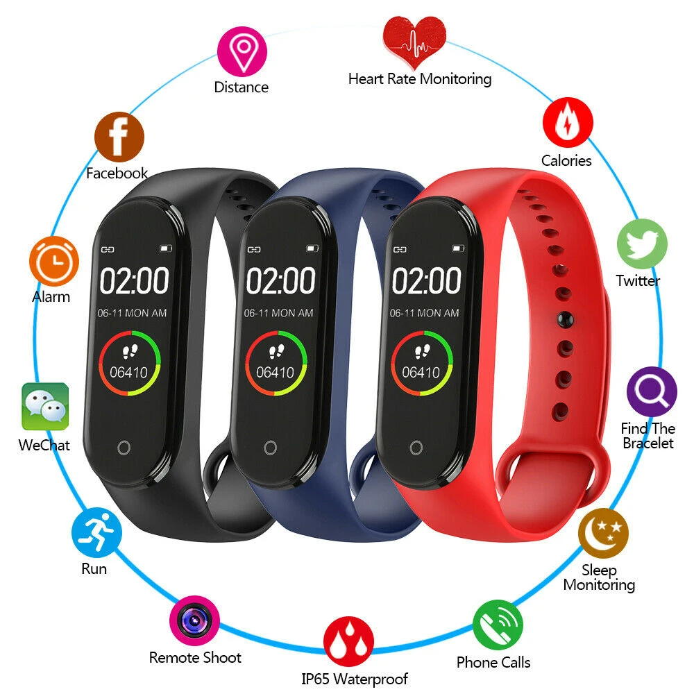 M4 Smart Watch Band Blood Pressure Bracelet with touch screen and fitness tracking features, available in black, blue, and red.