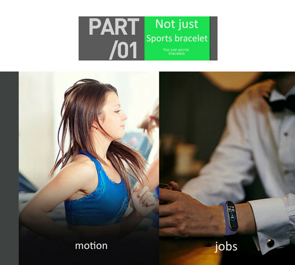 M4 Smart Watch Band Blood Pressure Bracelet with touch screen and fitness tracking features, available in black, blue, and red.