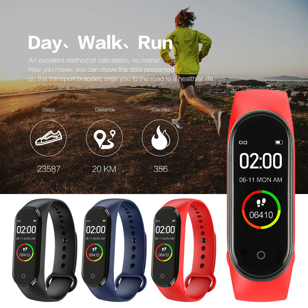 M4 Smart Watch Band Blood Pressure Bracelet with touch screen and fitness tracking features, available in black, blue, and red.